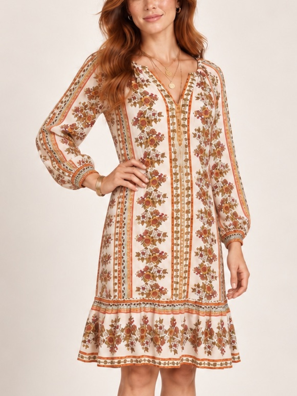 LOFT Earthy Floral Print Shift Midi Dress Ruffle Hem Boho Peasant Frock Large